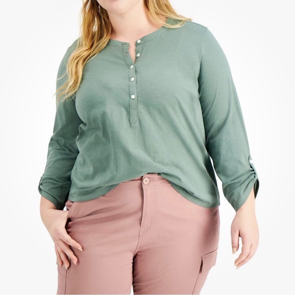 Style & Co Long Sleeve Henley Top Pale Sage - 0X